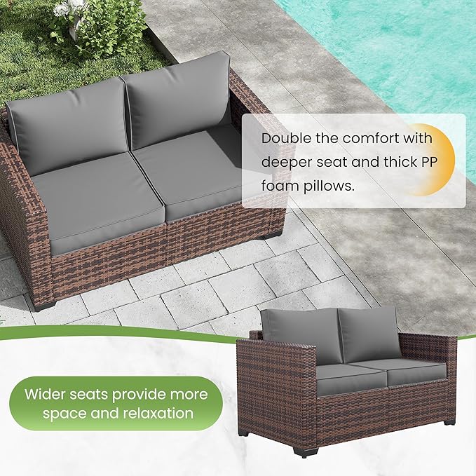 Amopatio Patio Loveseat, Outdoor Furniture 2-Seat Wicker Porch Furniture Outdoor Couch Sofa with Water-Resistant Cover & Non-Slip Cushions, Premium Patio Set, Gray