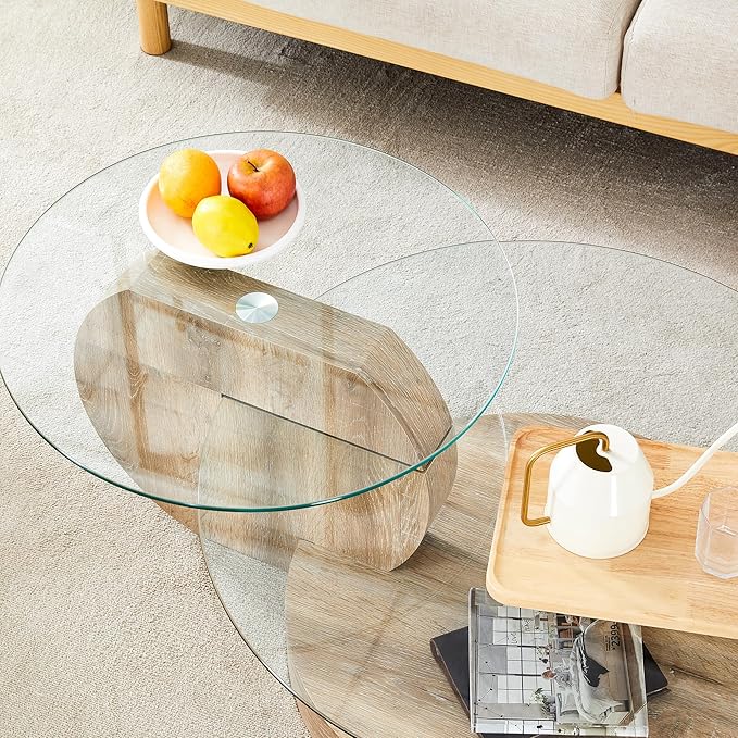 Glass Coffee Table, Modern Round Glass Coffee Table with Wooden Base, 3 Tier Round Coffee Table, Clear Cocktail Table with Storage for Living Room, Office, Balcony, Light Wood