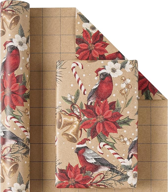 RUSPEPA Kraft Christmas Wrapping Paper Roll, Mini Roll, Cardinal Bird, Poinsettia, Golden Bell and Candy Cane Design, Vintage Kraft Gift Wrap for Women, Family, Xmas Holiday, 17 Inches x 16.4 Feet