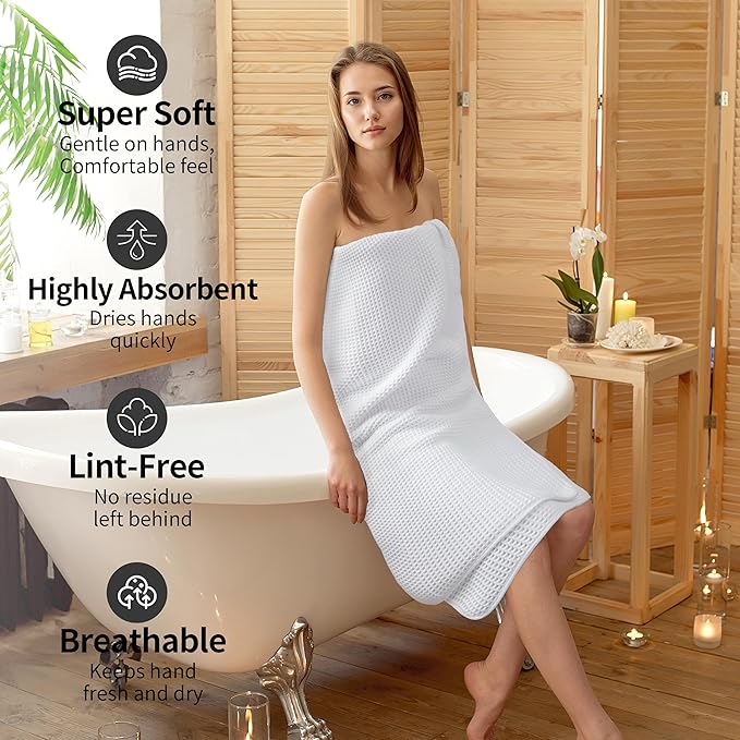 New Microfiber Waffle Bath Towels, 2 Pieces, Oversized, Soft, Absorbent, Fast Drying, Lint Free (White)