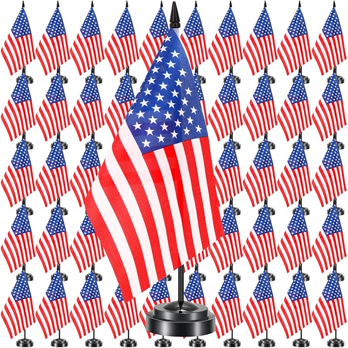 50 Pcs American Desk Flag Set Small USA Flags for Table with 13" Black Pole, Black Base and Spear Top, American Flag for Home Office Party Festival Celebrations Decor
