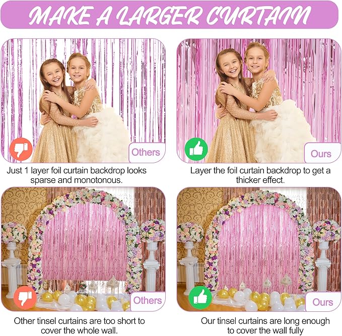 Crosize 4 Pack 3.3 x 9.9 ft Pink foil Fringe Curtains Party Decorations, Pink Tinsel Curtain Backdrop for Parties, Door Streamers, Glitter Streamer Fringe Backdrop for Birthday Decoration