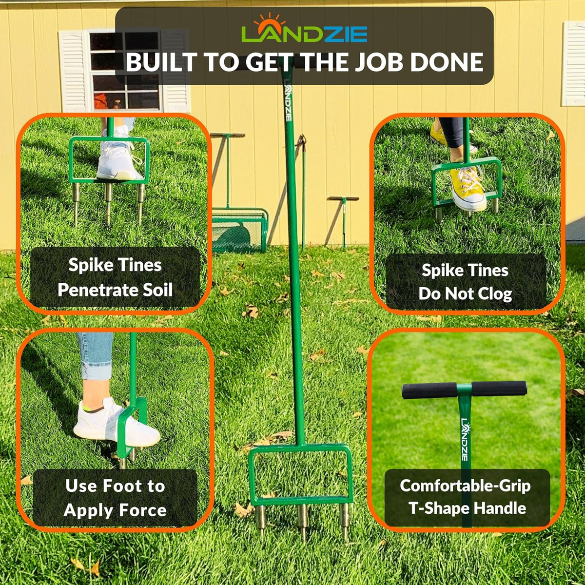 Landzie - The Original Spike Tine Fork Lawn Aerator - 42 Inch Manual Stainless Steel Gardening Hand Tool - Grass Dethatcher Aerator Lawn Tool with Solid Tines for Compacted Soil