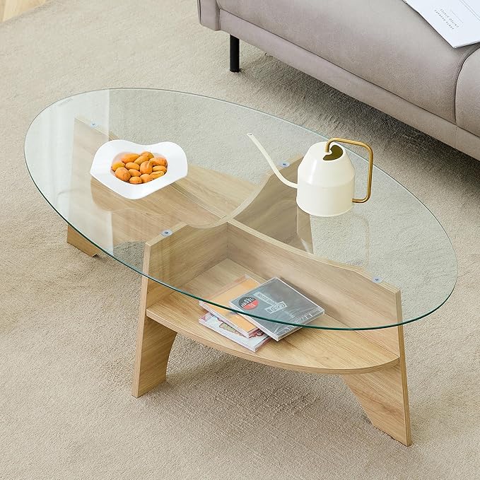 41" Oval Glass Coffee Table with Tempered Glass Top and MDF Base, Diagonal Fan-Shaped Tray Design Table Leg Simple & Modern Center Table for Living Room Office Apartment Wood
