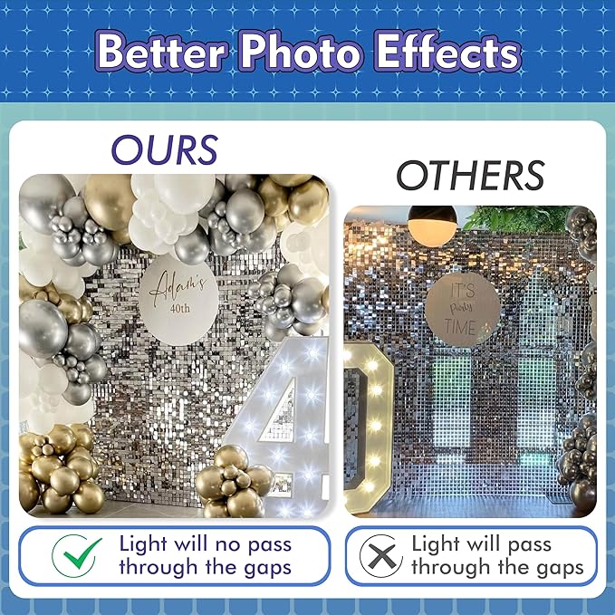 Qcity Light Gold Shimmer Wall Backdrop 36PCS, Black Back Not See-Through Design, Square Sequin Glitter Backdrop Panel, Perfect for Outdoor Events, Birthdays, Wedding and Party Decoration