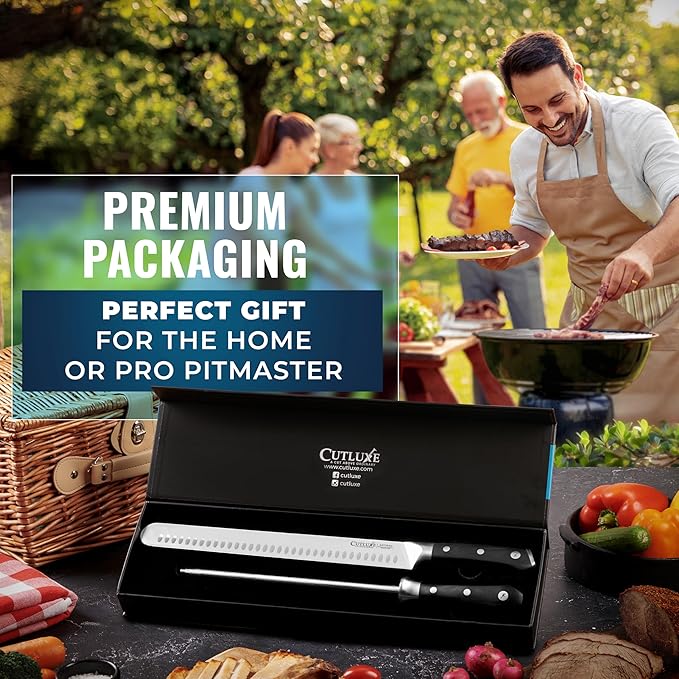 Cutluxe BBQ Knife Carving Set – 12" Brisket Knife & 10" Honing Rod, Butcher Knife Set for Meat Cutting – Ultra Sharp German Steel, Ergonomic Pakkawood Handles – Artisan Series