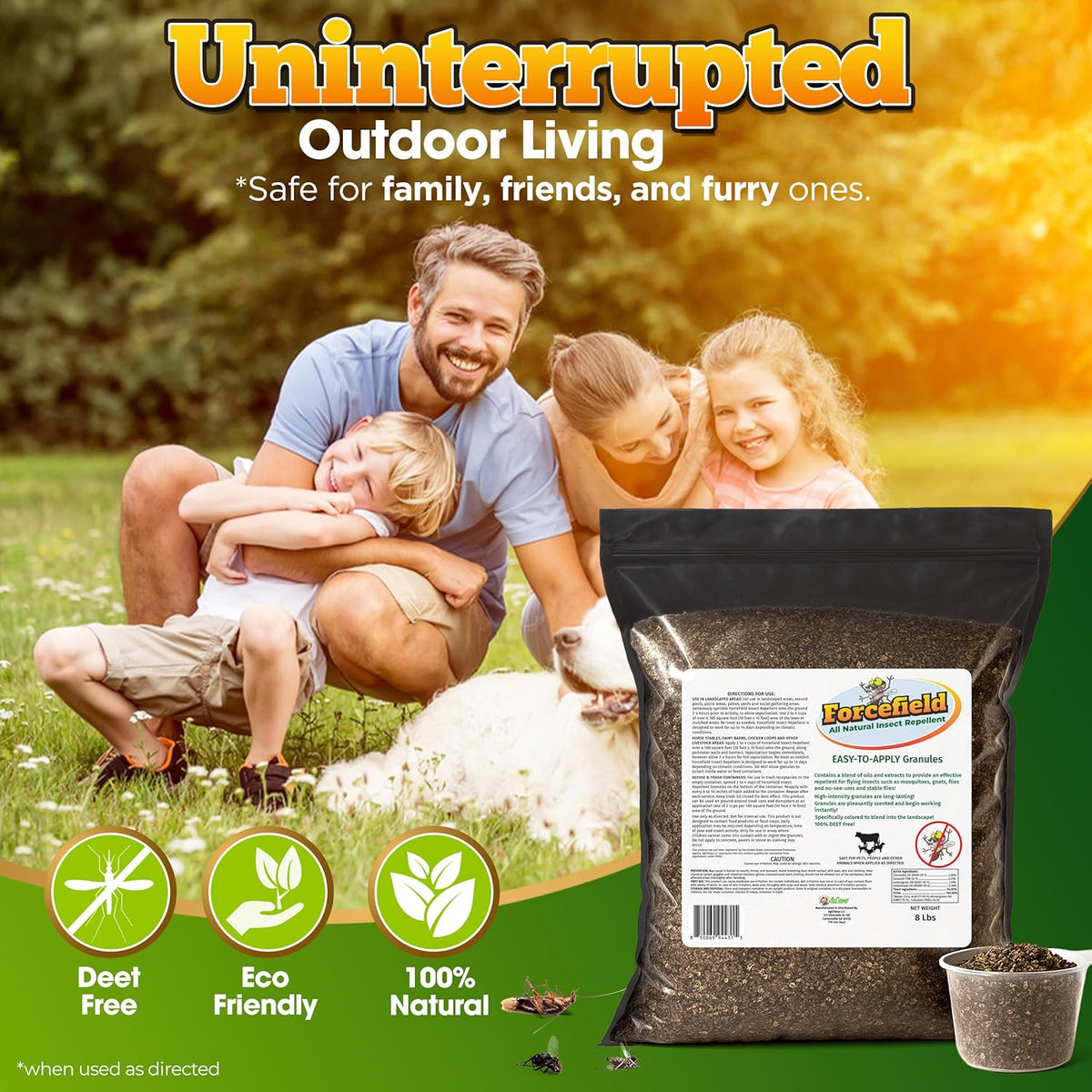 ForceField Natural Flea, Tick, Mosquito Yard Treatment - Repellent Granules for Backyard Mosquito Control | Pet Safe, DEET-Free Outdoor Control | Long-Lasting Barrier for Lawns, Patios, & Barns 8 LB