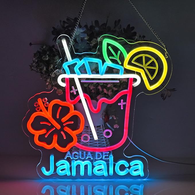 CNBEYOUNG Agua De Jamaica Neon Sign, Neon Lights Hanging Wall Art Decoration for Mexican Restaurants Shop Bar Kitchen Party Home Decor, USB - Driven, Super Bright & Adjustable,12.6 * 12.7inches