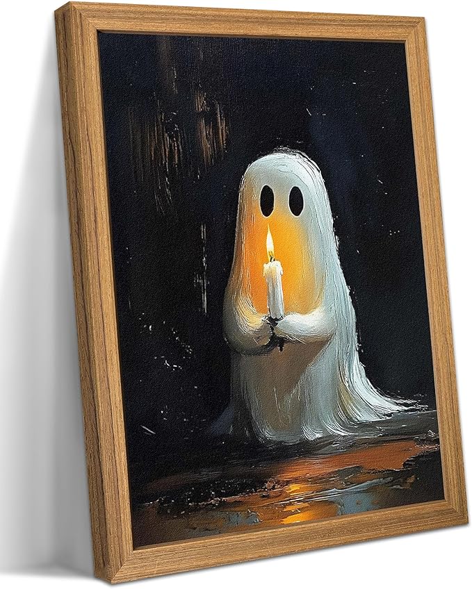 Framed Vintage Halloween Ghost Wall Art - Spooky Candle Ghost Fall Texture Pictures Wall Decor for Living Room, Kids Room, Halloween Bedroom or Party 16x24 inch