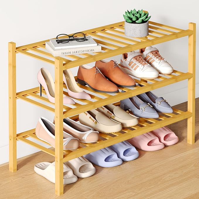 Smiry Bamboo Shoe Rack for Closet, 3 Tier Wooden Stackable Shoe Organizer, Free Standing Shoes Storage Shelf for Entryway, Front Door Entrance, Natural