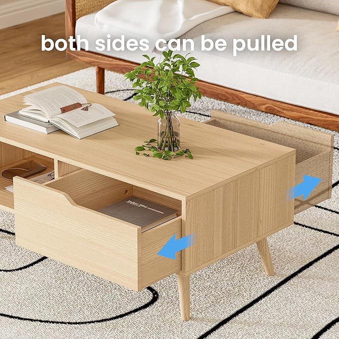 Oak Coffee Table, Mid Century Modern Coffee Table with Drawer & Shelf, 39'' Wooden Simple Console Table for Living Room