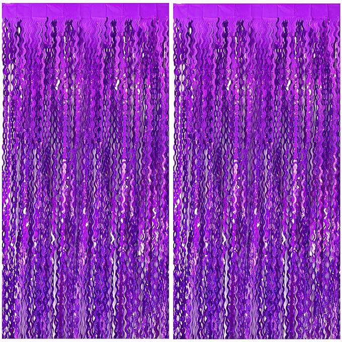 2 Pack Purple Backdrop Tinsel Foil Fringe Curtains Sparkle Metallic Wavy Foil Fringe Backdrop Curtain Photo Booth Props for Halloween Party Decorations Birthday Graduation Bachelorette