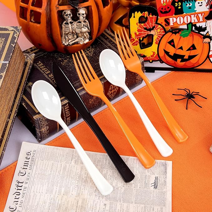 NOCCUR 180PCS Halloween Plastic Silverware Set - Tricolor Flatware Disposable Supplies Include 60 Black Knives, 60 Orange Forks, 60 White Spoons - Ideal for Halloween Party