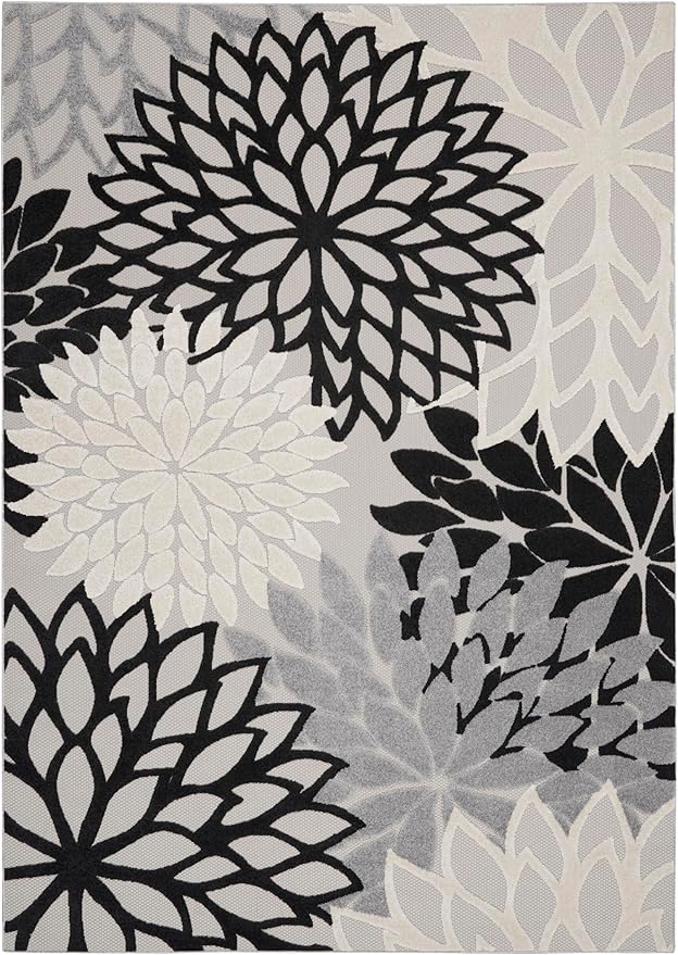 Nourison Aloha Indoor/Outdoor Black White 12' x 15' Area Rug, Tropical, Botanical, Easy Cleaning, Non Shedding, Bed Room, Living Room, Dining Room, Deck, Backyard, Patio (12x15)