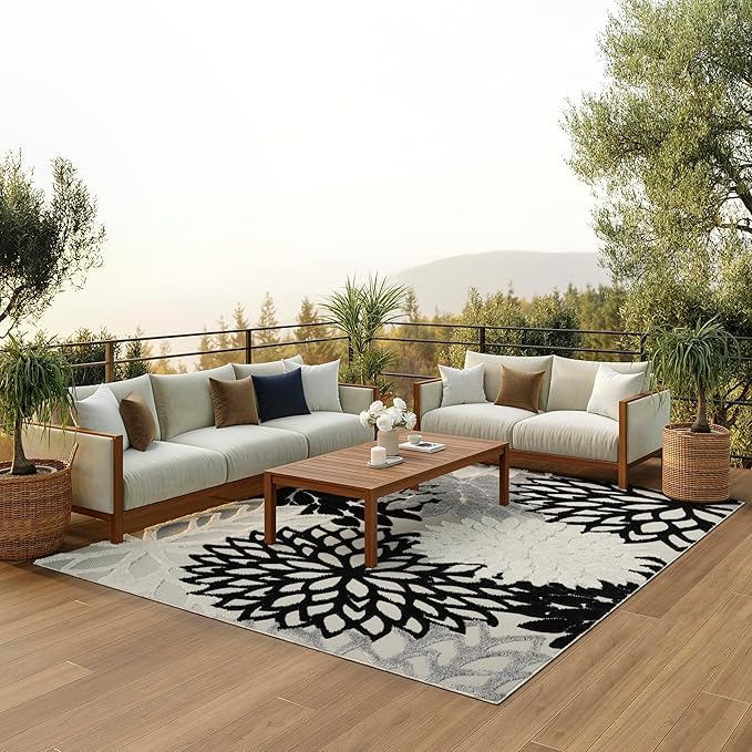 Nourison Aloha Indoor/Outdoor Black White 9' x 12' Area Rug, Tropical, Botanical, Easy Cleaning, Non Shedding, Bed Room, Living Room, Dining Room, Deck, Backyard, Patio (9x12)