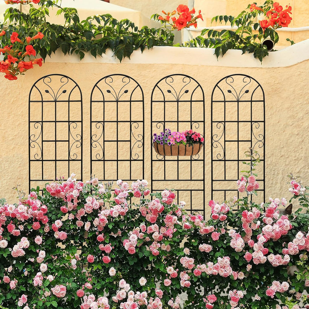 2 Pack Metal Garden Trellis 86.7" Tall Outdoor Climbing Plant Support for Roses, Flowers, Rustproof Durable Black Galvanized Tube, Lawn Garden Fence Decor Screen (2, Black curves-86.7" H)