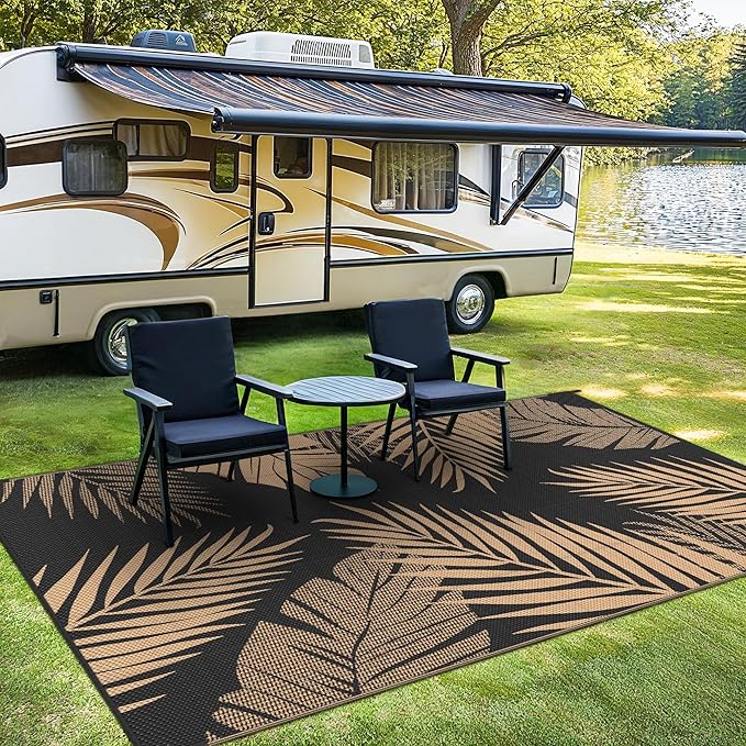 Outdoor Rug 9’x12’ Waterproof for Patio Clearance, Reversible Indoor Outdoor Plastic Straw Camping Rug Carpet, RV Mat, Large Area Rug for Deck, Backyard, Balcony, Porch, Beach, Black & Brown