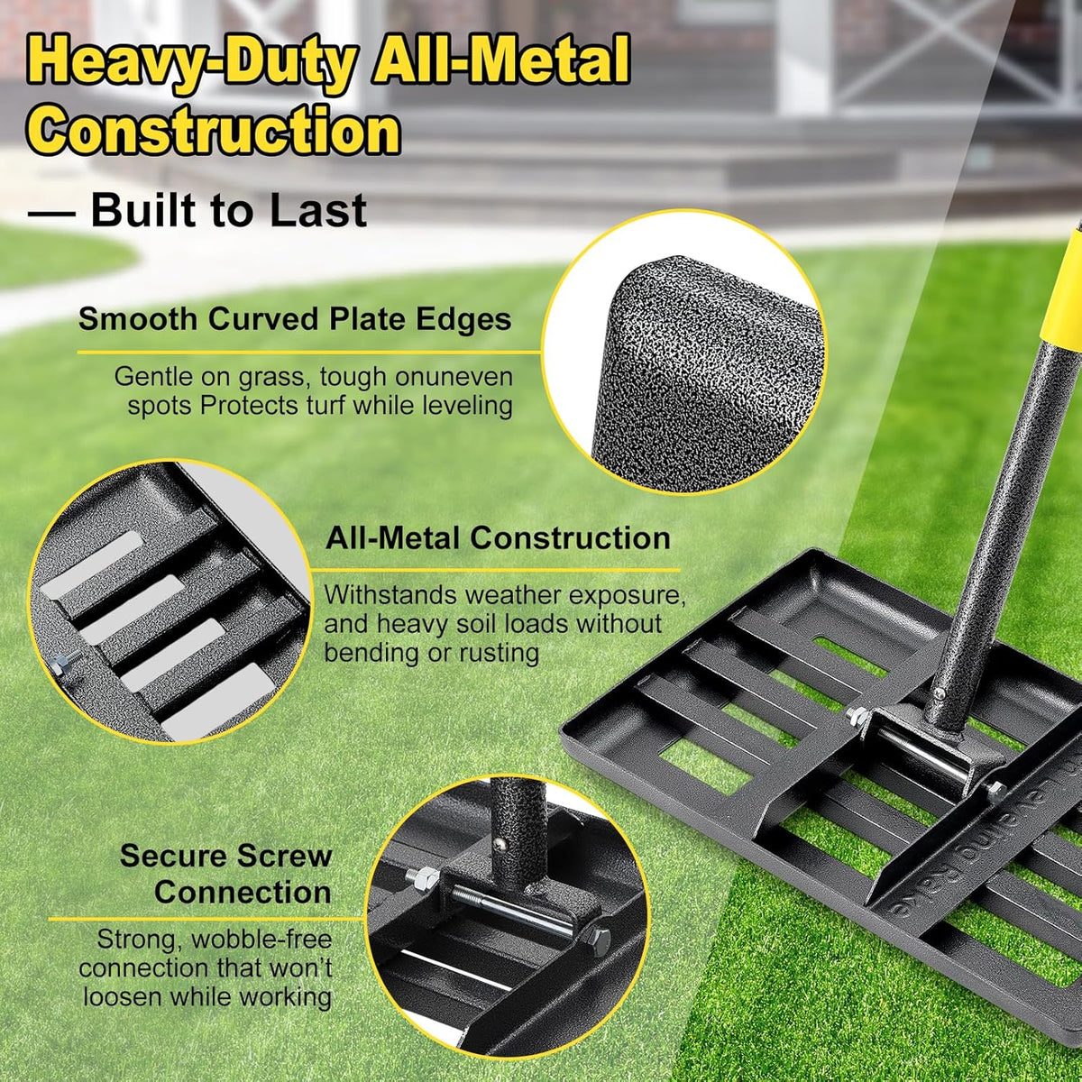 Lawn Leveling Rake: Anti Flipping 17" x 10" Stainless Steel Lawn Ground Leveler for Soil, Heavy Duty Grass Top Soil Dressing Leveling Rake, Home Lawn,Golf Field,Yard Landscaping Tool, 60” Long Handle