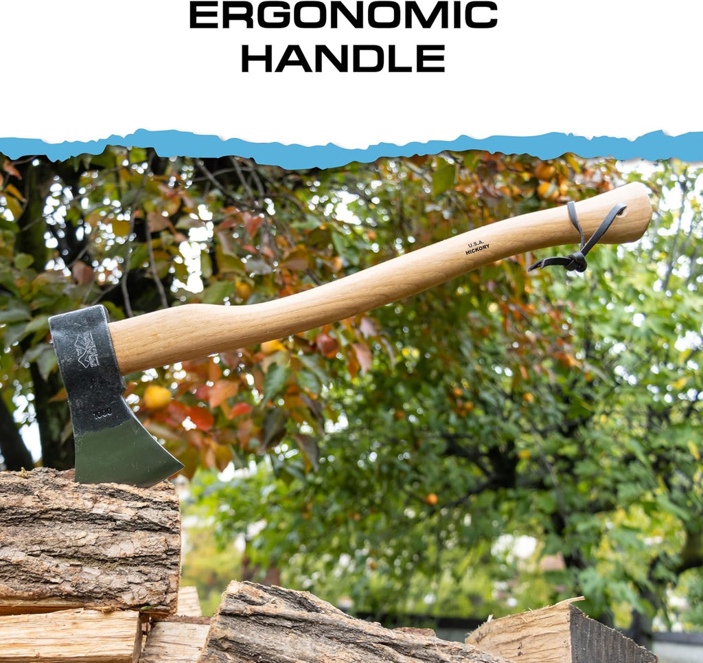 Prandi Axes German C45 Forged Carbon Steel Hatchet - Hickory Handle with Leather String - Ideal for Firewood, Splitting, and Chopping - 23.62" L x 7.36" W, 1000g Head 3.011.10.TH - No Sheath