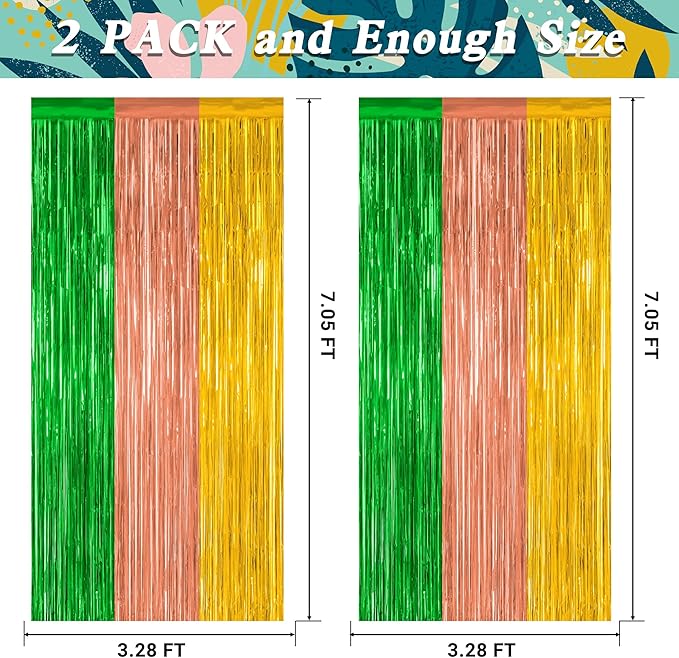 2 Pack Luau Decorations, 3.28 FT x 7.05 FT Summer Party Streamer, Green Brown Yellow Backdrop Tinsel Curtains Fringe Curtains, Metallic Hawaiian Supplies Aloha Party Decor
