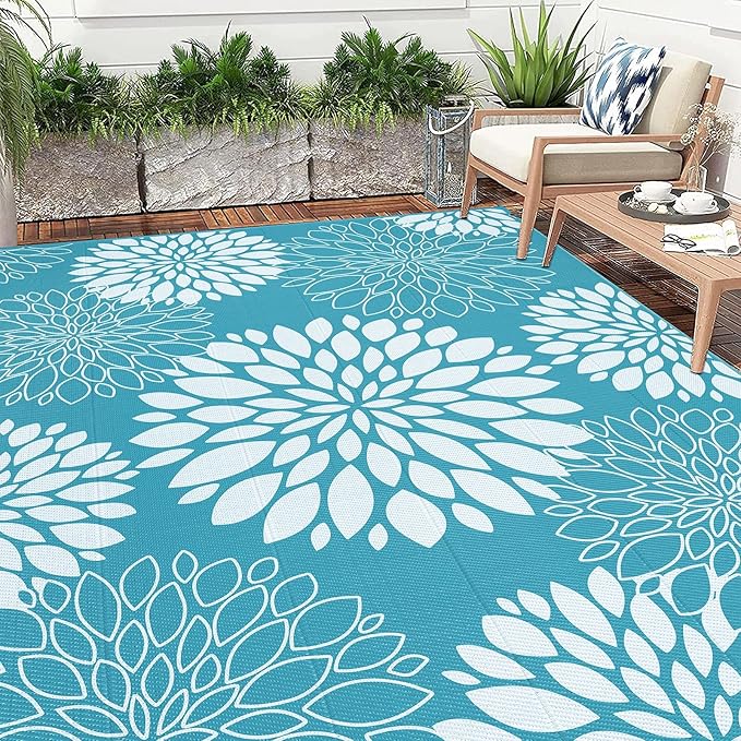 Ileading Reversible Outdoor Rug 9x12Ft Waterproof Patio Rug Carpet Portable Outdoor Plastic Straw Rug Large RV Camping Mat Rug for Patio, Clearance, Deck, Beach, Porch, Camping, Picnic, Teal