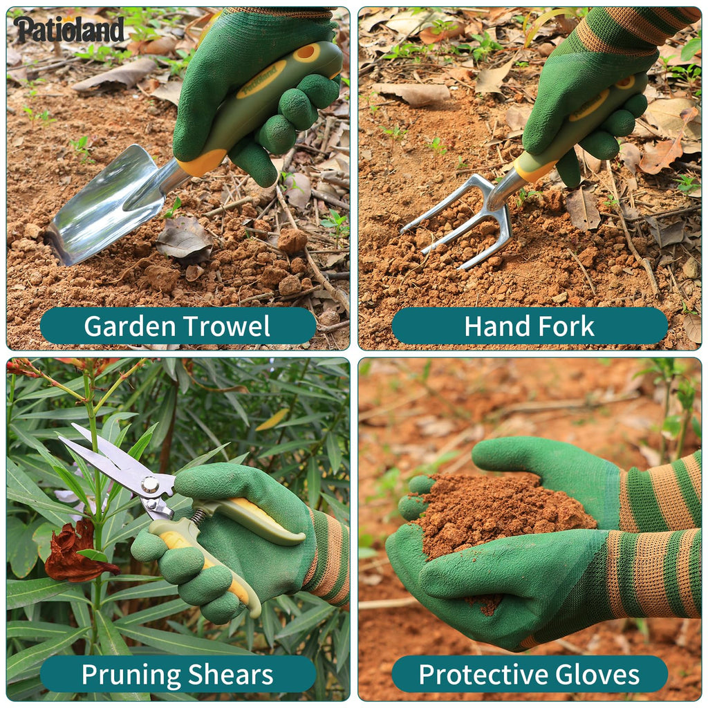 Patioland Green Garden Tool Set 4-Piece, Trowel, Fork, Pruning Shear&Gloves