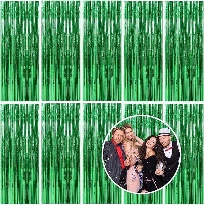 10 Pack Foil Curtain Backdrop Green Metallic Tinsel Foil Fringe Curtains Photo Booth Props for Birthday Wedding Engagement Baby Shower Bachelorette Christmas Holiday Celebration Party