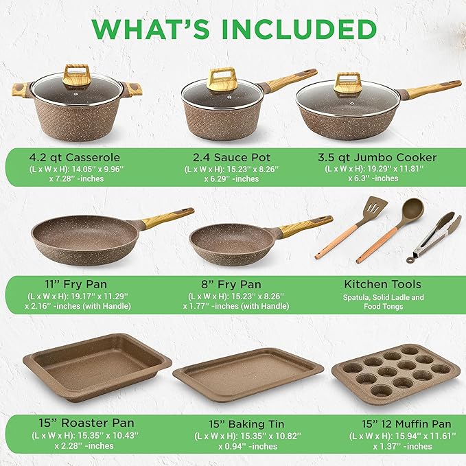 Nutrichef 22-Piece Maroon Marble Non-Stick Cookware and Bakeware Set - Professional Home Kitchen Collection with Multi-Sized Pots, Pans, and Heat-Resistant Tools