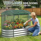 Lineware Raised Garden Bed with Sprinkler Timer and Self-Watering System, 4x2x1 ft Elevated Planter Boxes Outdoor with Mesh Cover, Galvanized Raised Beds for,Vegetables,Flowers, Backyard, Patio