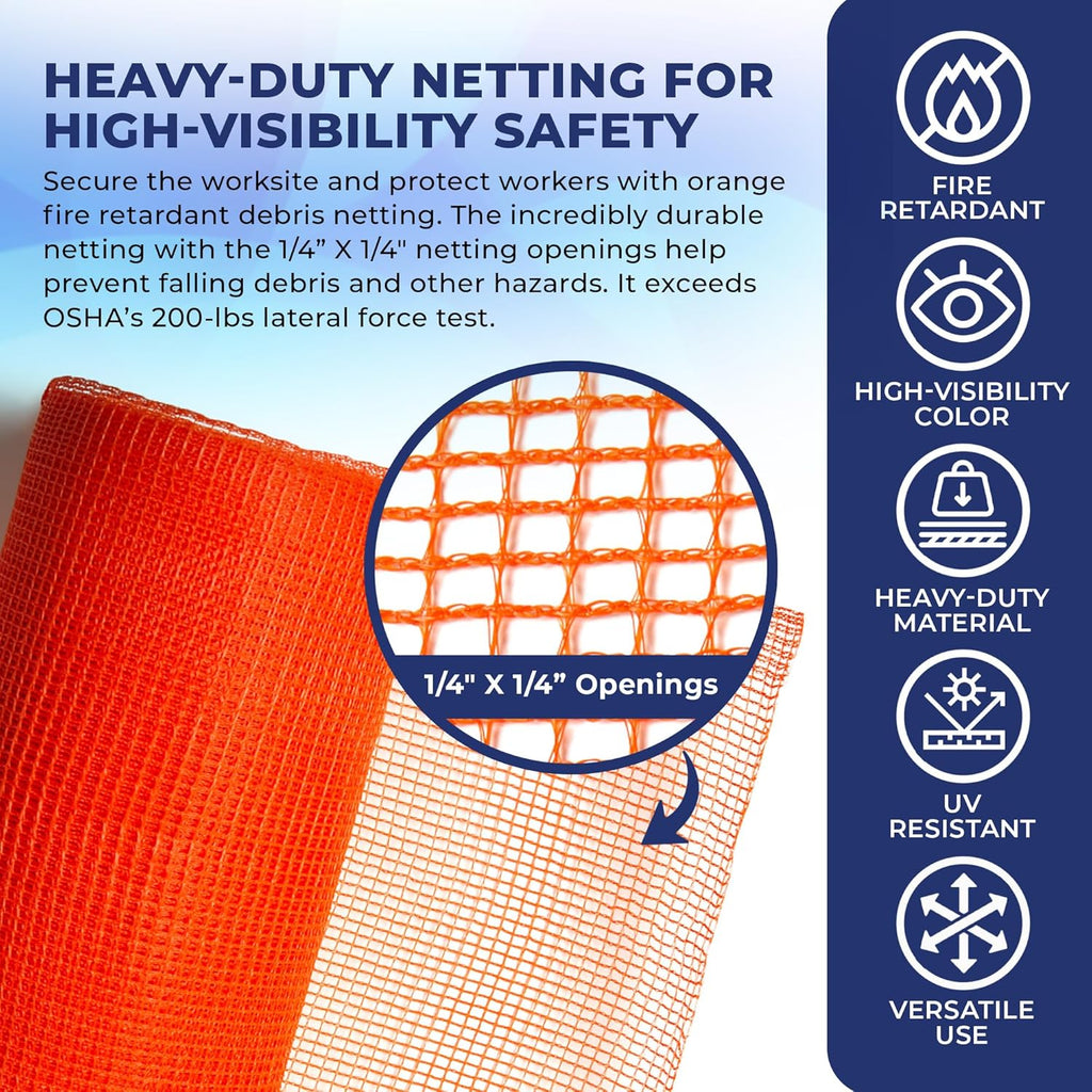 Tarps Now 8'-6" x 150' Orange Safety Netting Roll - Heavy Duty Fire Retardant Safety Nets with 1/4" Openings for Security & Construction Debris Netting, Temporary Mesh Fence, Job Site Net Enclosure