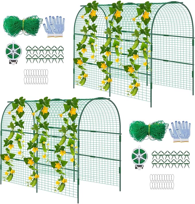 codree 2 Packs Garden Cucumber Trellis for Plant- 47 x 47 Inch Metal Arch Melon Trellis for Raised Bed- Foldable Tunnel Trellis with Climbing Net Clips for Growing Vine Vegetable