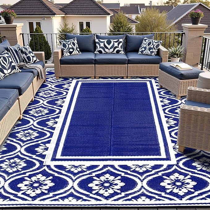 RV Outdoor Rug Waterproof Mat 9'x12' Camping Carpet Outside Area Rugs Reversible Light Blue Rugs for Deck Entryance Porch Picnic Balcony Beach