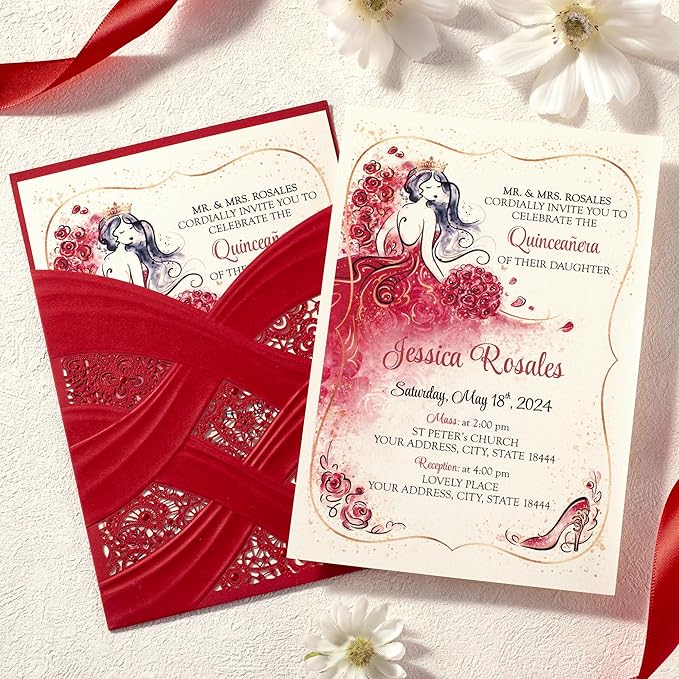 50pcs Laser Cut Quinceanera Invitations with Envelopes Red, 5x7.3 Personalized Invitation Cards for Wedding