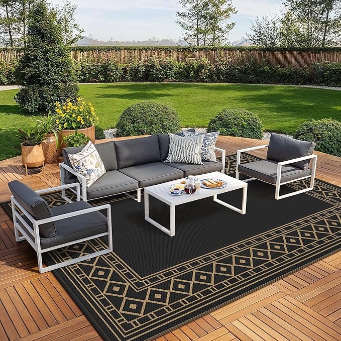 GENIMO Outdoor Rug Waterproof 10'x14' for Patio, Foldable Reversible Plastic Straw Carpet for Travel Trailers, Outside Area Mat for Rv, Deck, Picnic, Porch, Camper, Balcony, Beach, Black & Brown