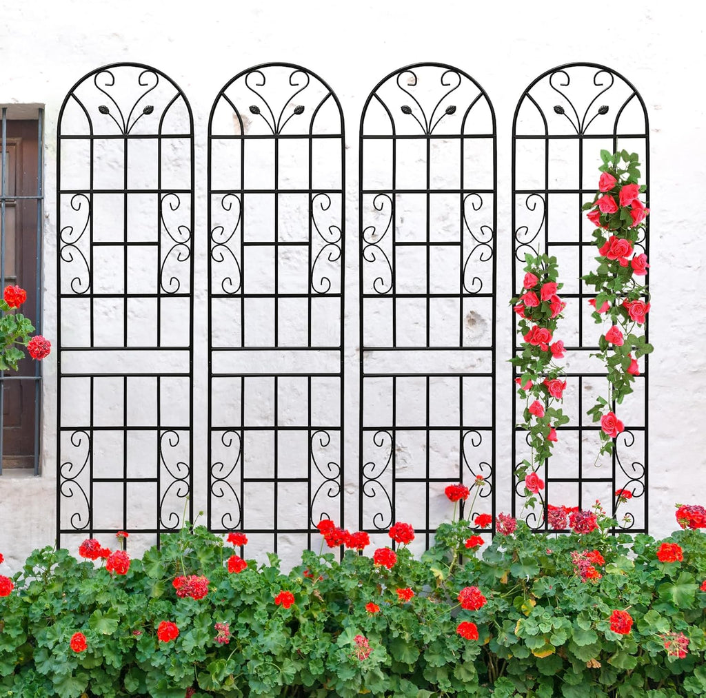4 Pack Metal Garden Trellis 86.7" Tall Outdoor Climbing Plant Support for Roses, Flowers, Rustproof Durable Black Galvanized Tube, Lawn Garden Fence Decor Screen (4, Black curves-86.7" H)