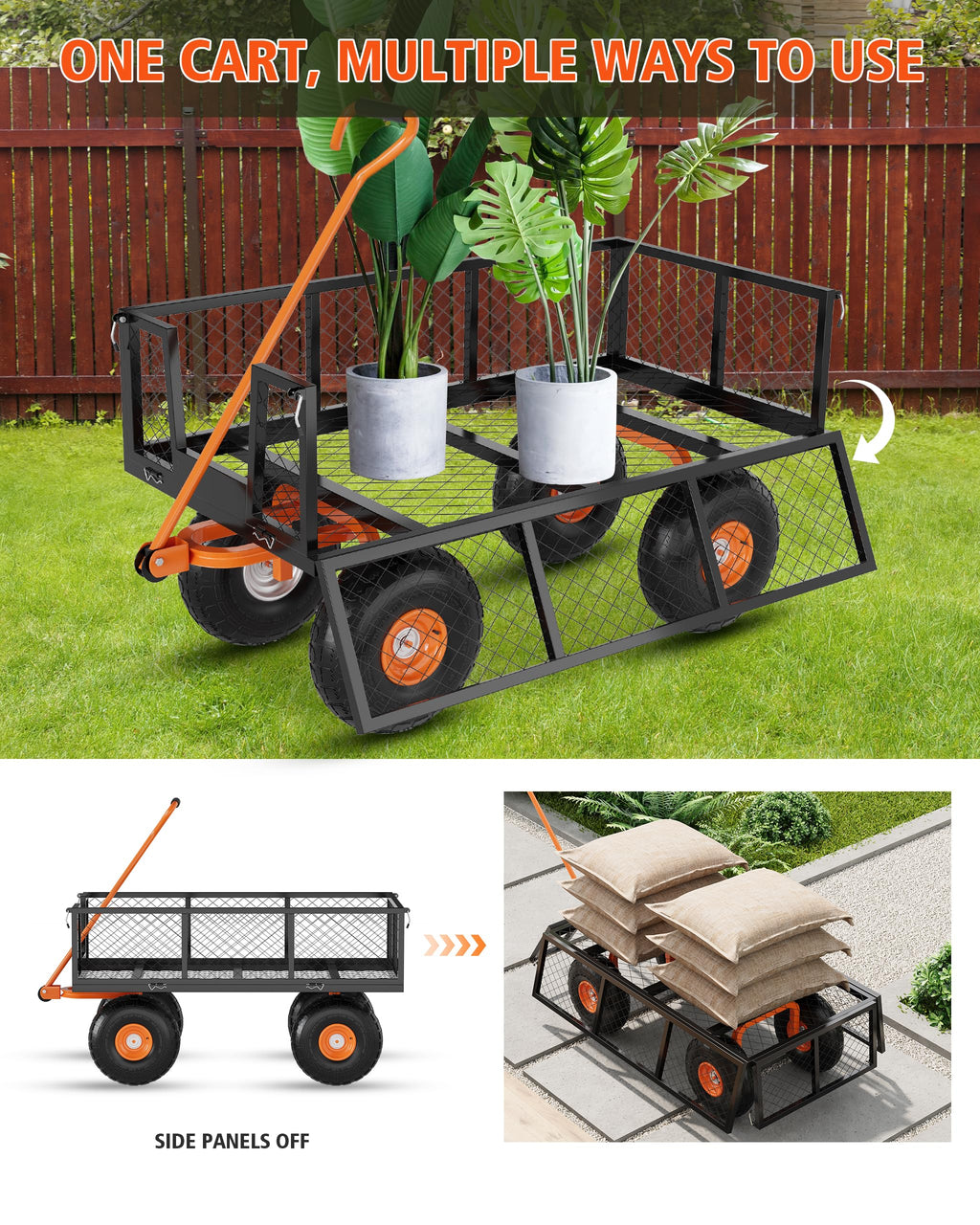 GarveeLife Heavy Duty Steel Garden Cart, 500 LBS Capacity 3 in 1 Pullable Garden Wagon with 10 in Wheels, for Gardening Soil, Tools, and Plant Transport