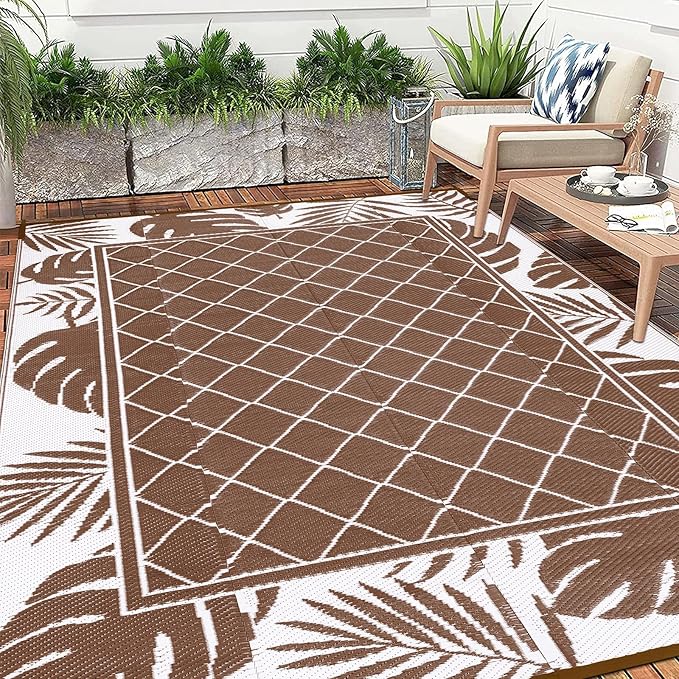 Ileading Outdoor Rug Carpet for Patio 6' x9' Waterproof Reversible Plastic Straw Rug Portable Outside Area Rug Camping Mat for Patio, Clearance, Balcony, Picnic, Pool, Beach, RV, Deck, Leaf Brown