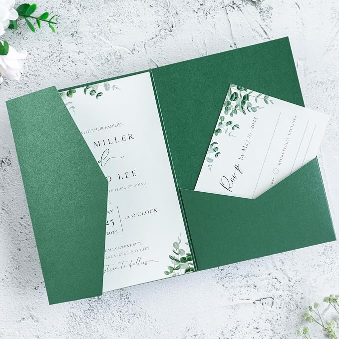 20 PCS Emerald Green Tri-fold Laser Cut Wedding Invitation Pockets for 5x7 Wedding Cards Bridal Shower Engagement Quinceanera Invitation