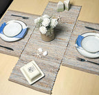 Chardin home Natural Jute Table Runner 13x48 Inch – Vintage Boho Rustic Table Decor – Handwoven Table Runner in Natural Jute and Sky Blue-White – Farmhouse Dining or Console Table Accent