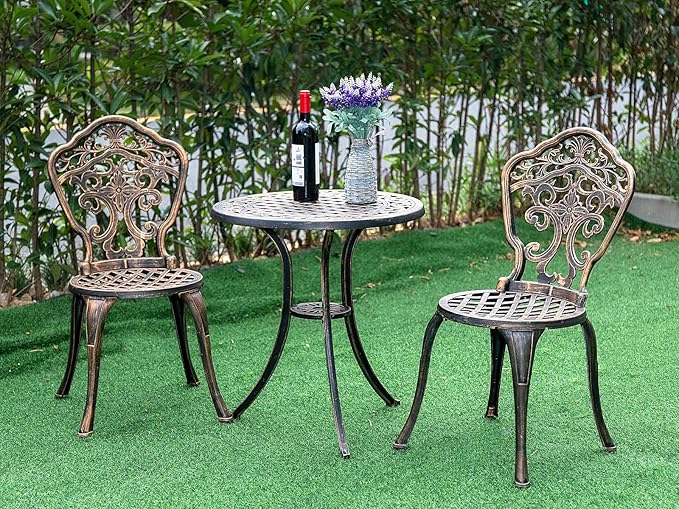 Bistro Set 3 Piece Rustproof Cast Aluminum Patio Furniture Sets 2 Chairs and 1 Round Table Outdoor, Garden, Patio, Balcony, Bronze