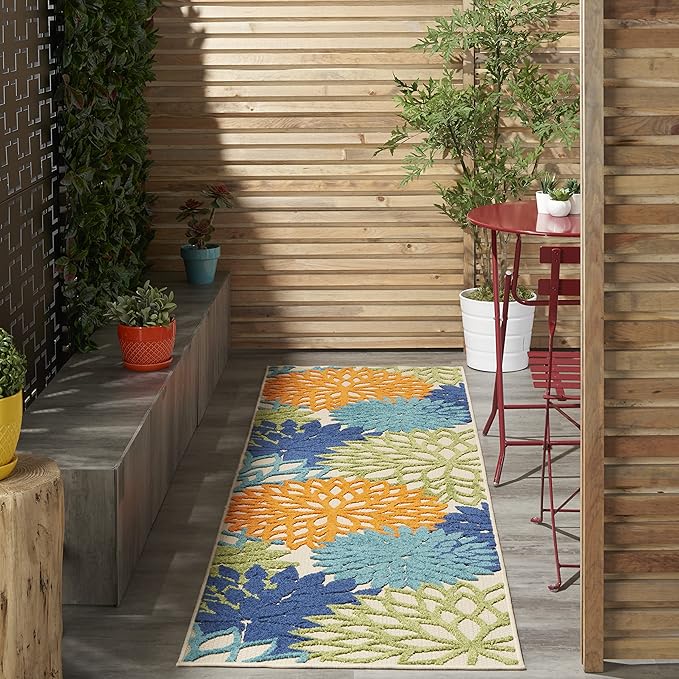 Nourison Aloha Indoor/Outdoor Multicolor 2'3'' x 10' Area-Rug, Tropical, Botanical, Easy-Cleaning, Non Shedding, Bed Room, Living Room, Dining Room, Deck, Backyard, Patio (2x10)