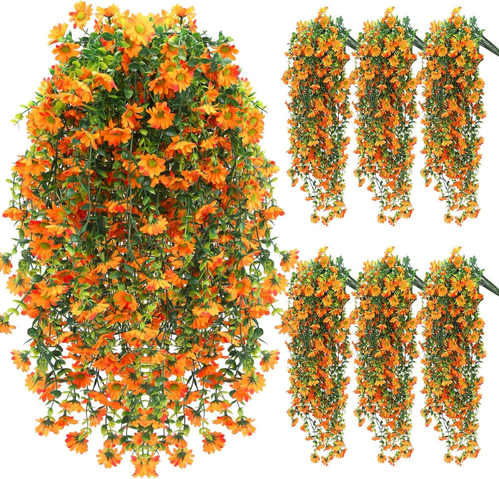 6 Pcs Artificial Fall Hanging Flowers Outdoor Silk Mum Plants Autumn Decor Faux Violet with Eucalyptus Realistic UV Resistant Trailing Vine Thanksgiving Porch Yard(Orange,Chamomile)