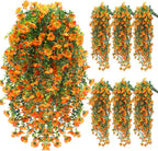 6 Pcs Artificial Fall Hanging Flowers Outdoor Silk Mum Plants Autumn Decor Faux Violet with Eucalyptus Realistic UV Resistant Trailing Vine Thanksgiving Porch Yard(Orange,Chamomile)