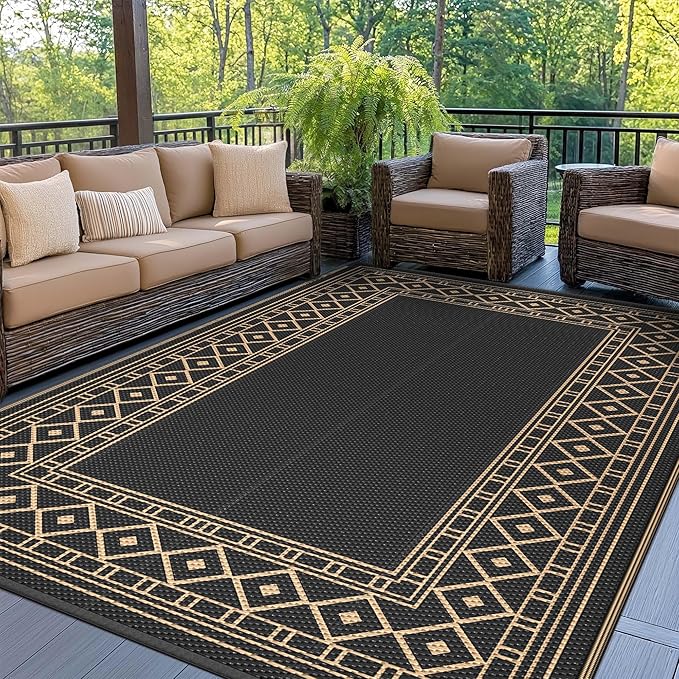 GENIMO Outdoor Rug 5'x8' Waterproof for Patio, Reversible Outdoor Plastic Straw Rug Carpet, Camping Mats for Outdoor Decor, RV, Backyard, Deck, Balcony, Picnic, Black & Brown