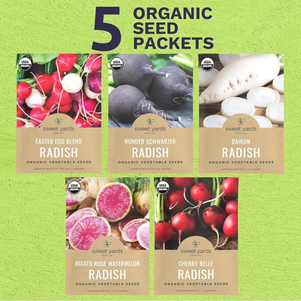 Organic Radish Seeds Variety Pack - 5 Individual Packs - 2025 Season - Cherry Belle, Easter Egg, Misato Rose and More! for Indoor & Outdoor Planting (Non-GMO, Certified Organic)