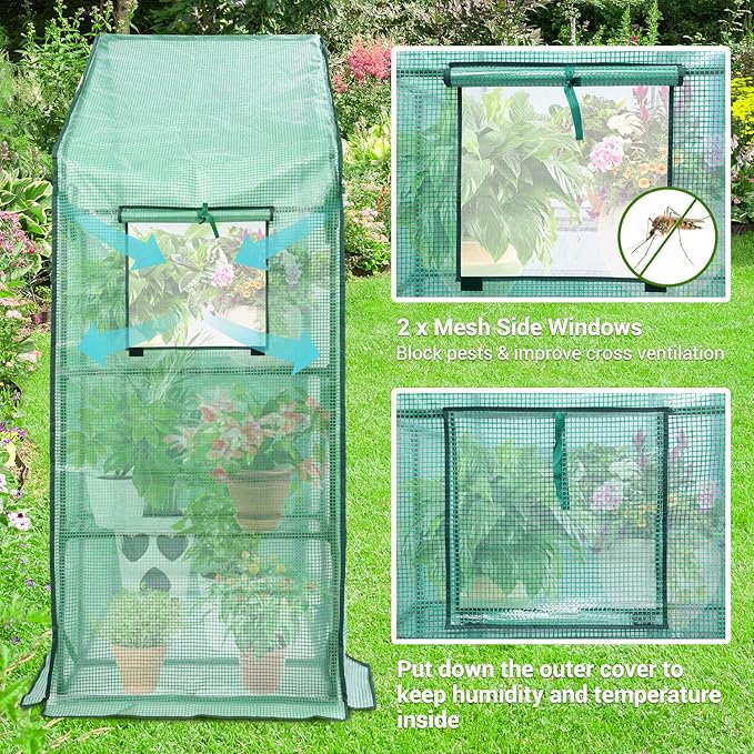 Ohuhu Greenhouse for Outdoors with Mesh Side Windows, 3 Tiers 4 Shelves Small Walk-In Green House Plant Stands Plastic PE Cover Outside Portable Warm House for Seedling Flowers Growing, 4.8x2.5x6.4 FT