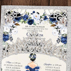 50Pcs Navy Blue Crown Invitations for Quinceanera, 15 year, Sweet 16, Miss XV, Birthday Laser Cut Quince Invitation Cards Personalized Glitter Silver