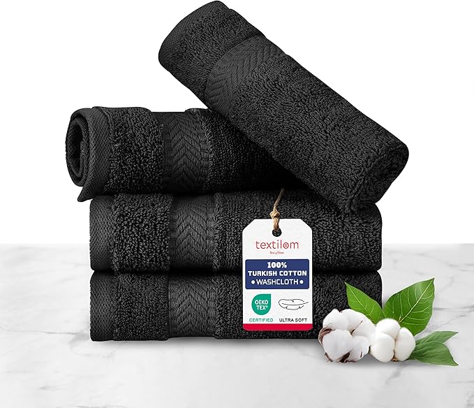 TEXTILOM 100% Turkish Cotton 4 Piece Luxury Washcloth Towel Set for Bathroom & Kitchen, Thick & Super Soft & Highly Absorbent & Quick Dry for Face and Hand- Black