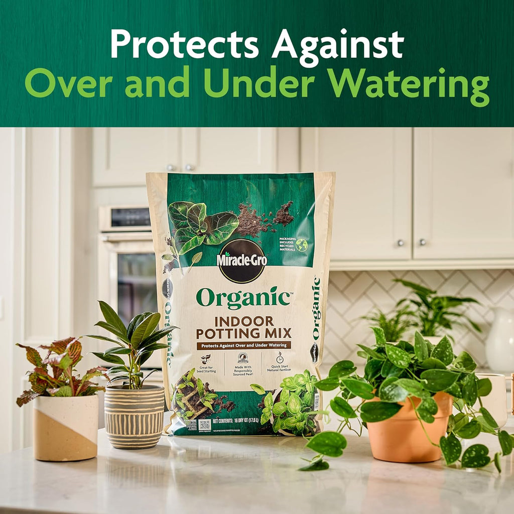Miracle-Gro Organic Indoor Potting Mix, Protects Against Over and Under Watering, for Indoor Container Plants, Houseplants and Starter Plants, OMRI Listed, 16 qt.