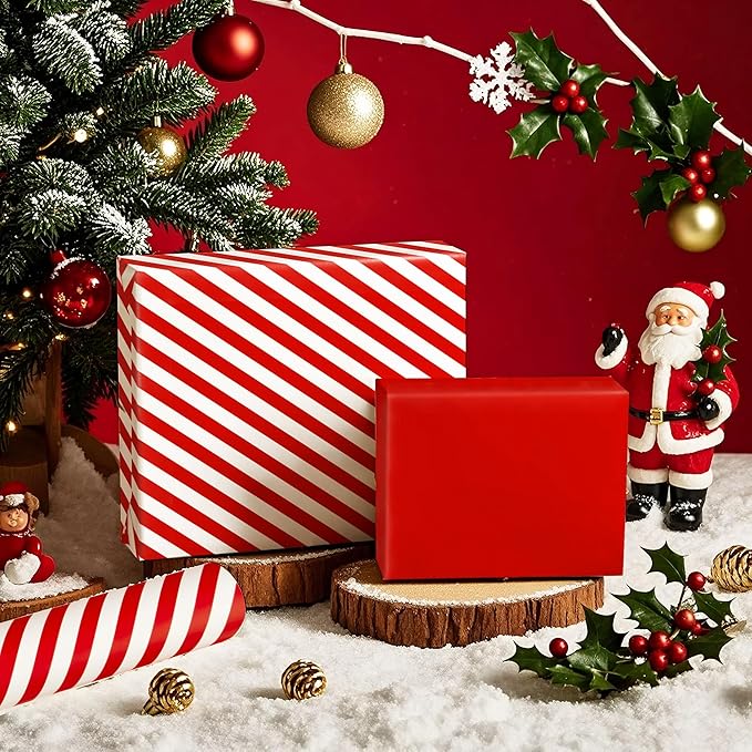 WRAPAHOLIC Reversible Wrapping Paper - Mini Roll - 17 Inch x 33 Feet - Red and Stripes Design for Christmas, Birthday, Holiday, Wedding, Baby Shower